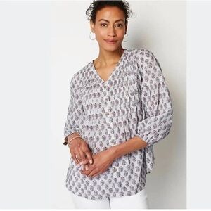 J. Jill Madeira Pintuck Paisley Blouse Puff Sleeve Top-Light Blue-Women Medium